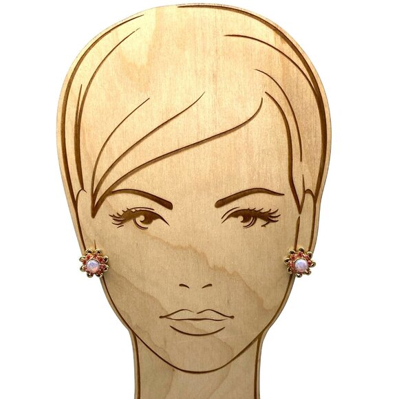 Coro Faux Opal and Pink Crystal Flower Earrings, Vintage Screw Back - Picture 4 of 6